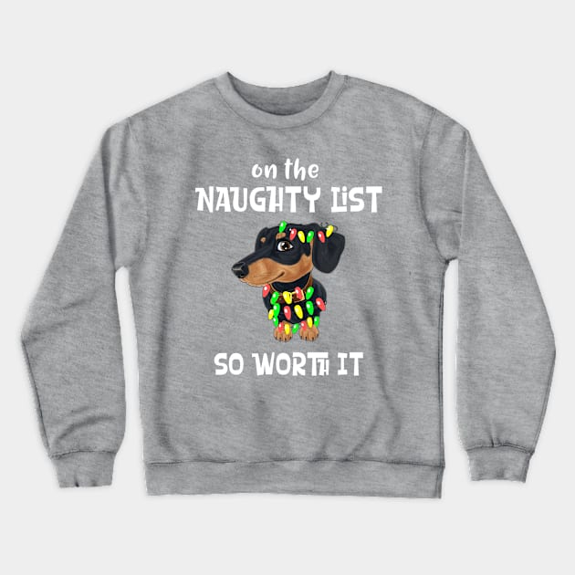 Dachshund Naughty List Christmas Tree Lights Wiener Crewneck Sweatshirt by Antzyzzz